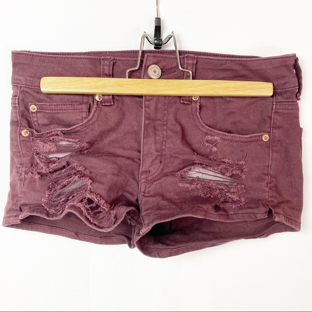 American Eagle Shortie Shorts Maroon Distressed